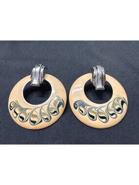 50s Painted Post Earrings Abstract Gold & Black Swirl Design Beige Base 2-Inch D